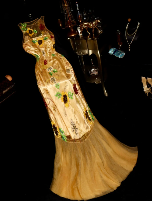 Gorgeous Sleeveless Gold Beaded Sequin Mermaid Evening Dress Long Prom Dress SP1064