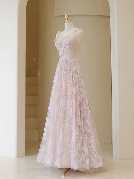 Light Pink Round Neckline Lace Long Prom Dress, A-line Pink Floor Length Party Dress Y4492