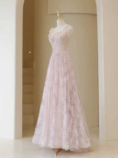 Light Pink Round Neckline Lace Long Prom Dress, A-line Pink Floor Length Party Dress Y4492