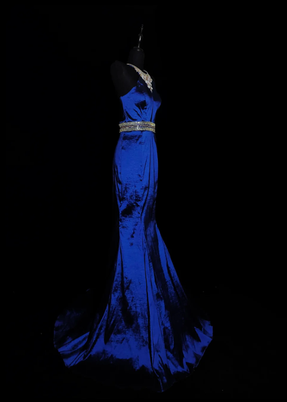 Gorgeous Navy Blue Satin Beaded Mermaid Prom Dress Backless Long Evening Dress SP436