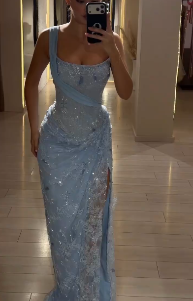 Glamorous One Shoulder Blue Lace High Slit Long Prom Dress Party Dress SP3342