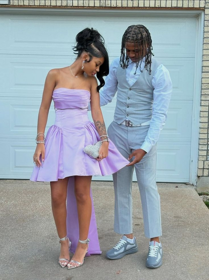 Sweet Purple Satin Short 8th Grade Homecoming Dress,Strapless A Line Mini Birthday Dress With Bow SP2497