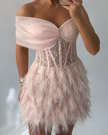 Charming Pink Off The Shoulder Tulle Beaded Feathers Short Graduation Homecoming Dress Birthday Dress SP3142