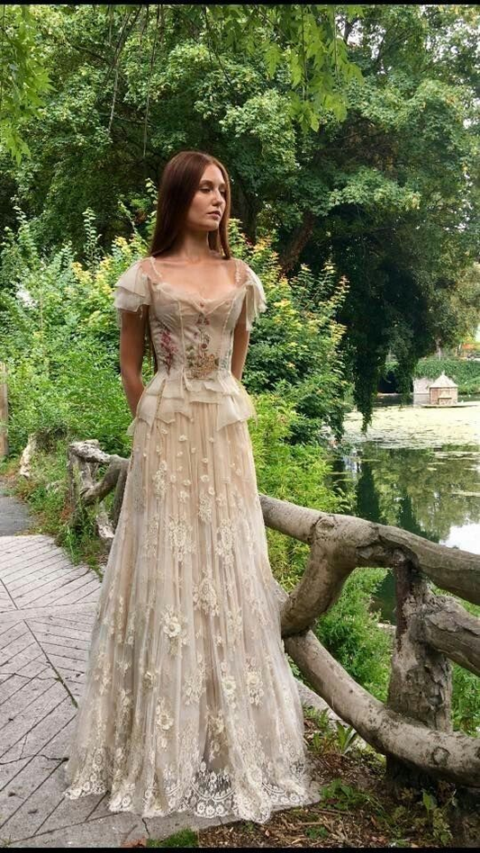 Vintage Lace Applique Evening Dress,A Line Long Prom Dress Y8371