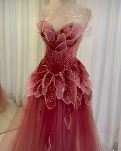 Gorgeous Strapless Ombre Tulle Sequin Beaded Petals Long Prom Dress Party Gown SP495