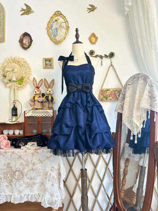 Vintage Blue Halter Satin Pleated Short Homecoming Dress Cocktail Dress Y9473