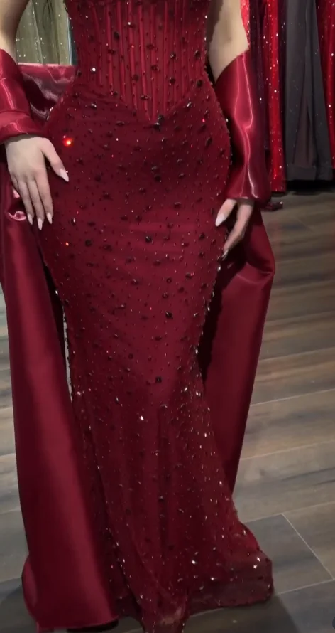 Gorgeous Burgundy Halter Beaded Mermaid Long Party Dress Birthday Dress With Shawl SP2223