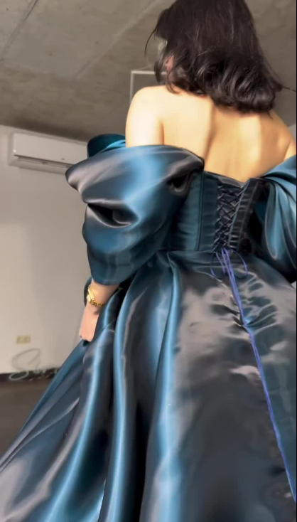 Elegant Off The Shoulder Ball Gown Blue Satin Long Party Dress Birthday Dress SP2144