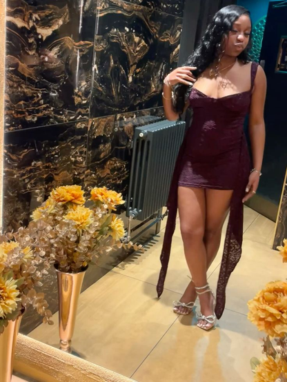 Retro Spaghetti Straps Dark Purple Lace Sheath Cocktail Dress Short Homecoming Dress SP2821