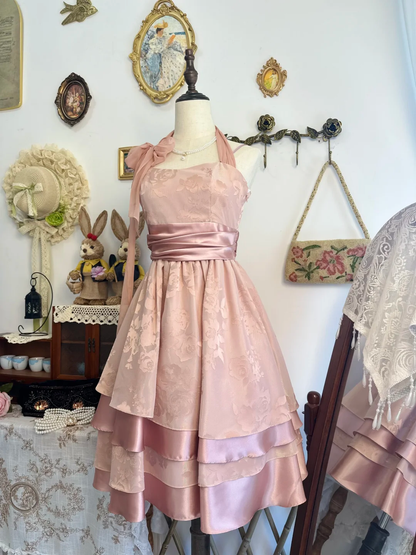 Elegant Halter Pink Satin Print Floral Layered A Line Short Homecoming Dress Birthday Outfits Y9498