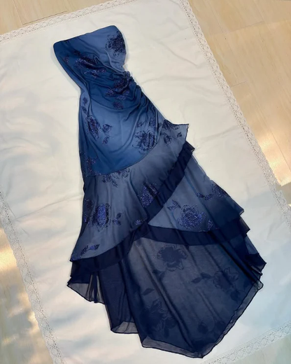 Charming Navy Blue Strapless Tiered Mermaid Evening Dress Prom Dress Y7811