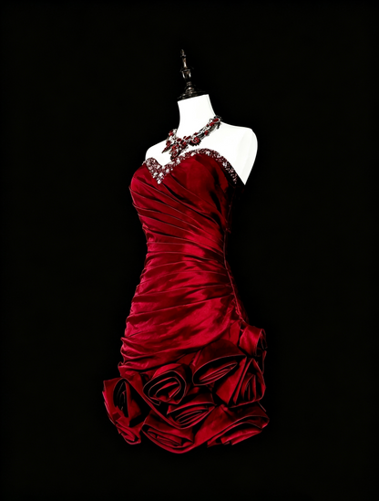 Elegant Sweetheart Neck Satin Pleated Beaded Short 7th Grade Homecoming Dress,Red Short Birthday Outfits SP3400