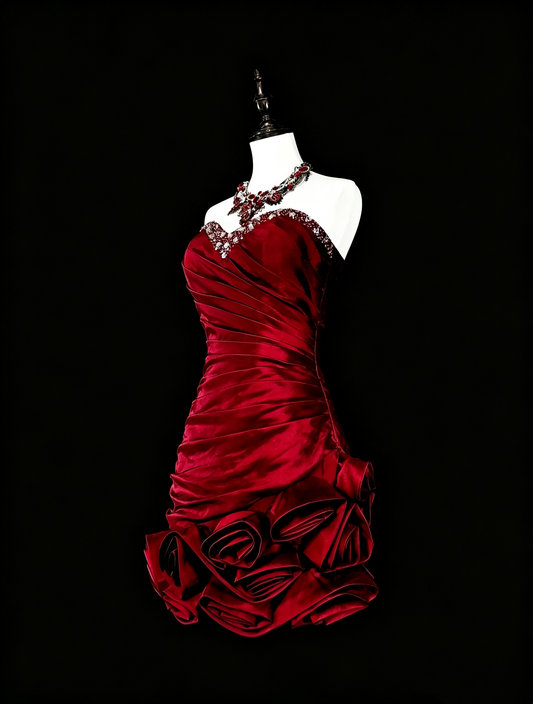Elegant Sweetheart Neck Satin Pleated Beaded Short 7th Grade Homecoming Dress,Red Short Birthday Outfits SP3400