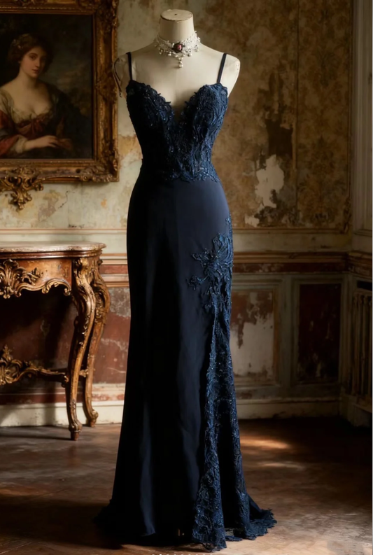 Vintage Spaghetti Straps Navy Blue Satin Appliques Mermaid Evening Dress Long Wedding Guest Dress SP1022