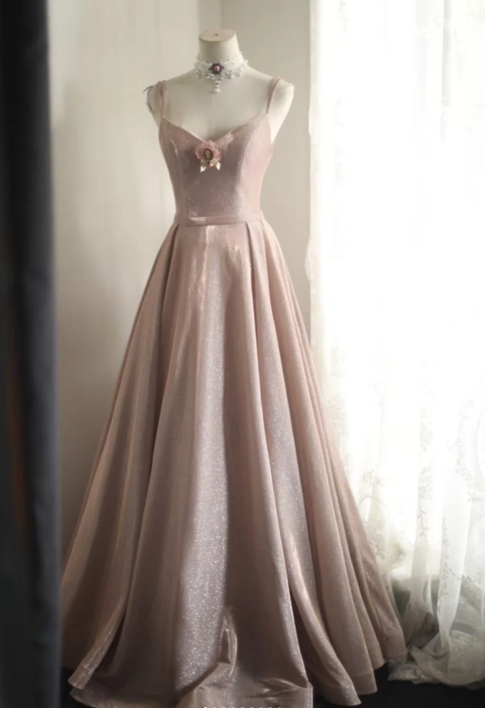 Classy Spaghetti Straps Pink Satin Sequin Long Evening Dress Birthday Outfits SP1210