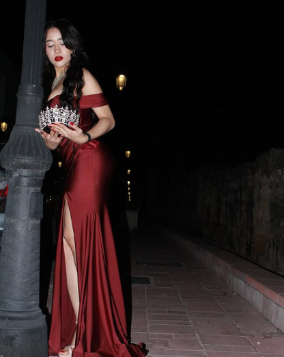 Elegant Burgundy Off The Slit Mermaid Evening Dress Formal Prom Dress Y8414