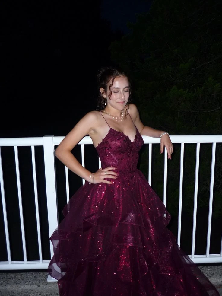 Shiny Spaghetti Strap Grape Tulle Sequin Appliques Long Party Dress Evening Gowns SP4132