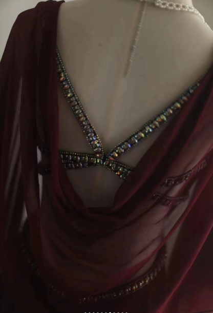 Sexy Burgundy Satin Beaded Backless Long Evening Dress Prom Gown SP848