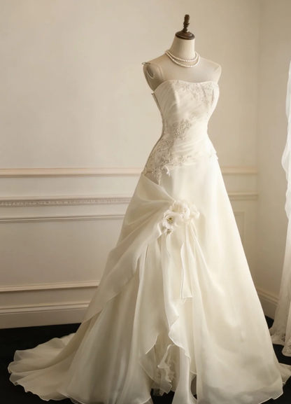 Classy Strapless Chiffon Appliques Mermaid White Long Wedding Dress SP1167