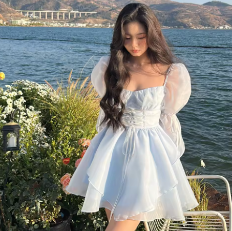 Blue A-line Princess Dress,Blue Long Sleeves Homecoming Dress,Blue Fairy Dress Y6083