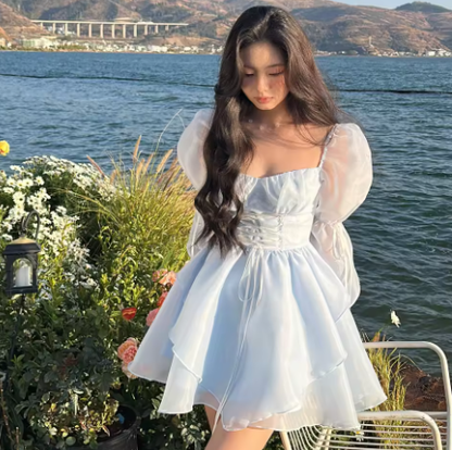 Blue A-line Princess Dress,Blue Long Sleeves Homecoming Dress,Blue Fairy Dress Y6083