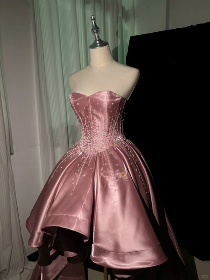 Charming Strapless Satin Beaded Hi-Low Party Dress Pink Long Prom Dress SP4218