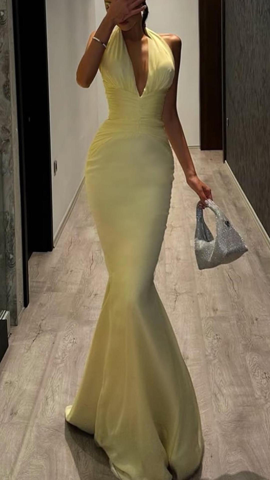 Elegant Halter Deep V Yellow Satin Mermaid Long Wedding Guest Dress Party Dress SP457