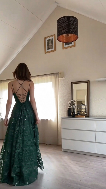 Charming Spaghetti Straps Green Tulle Sequin Appliques A Line Long Party Dress Prom Gowns SP4256