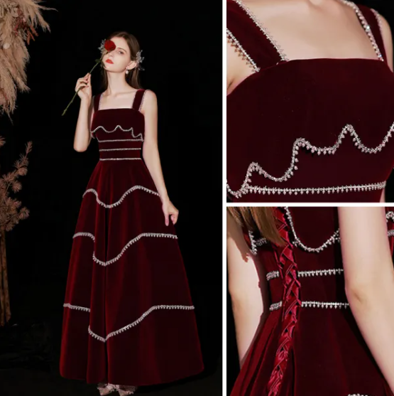 Chic Red Velvet A-line Evening Dress Y4511