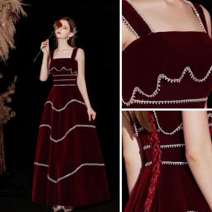 Chic Red Velvet A-line Evening Dress Y4511