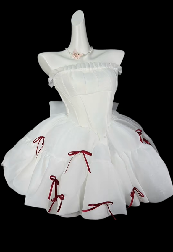 Fairy Strapless Tulle Bow A Line Short Birthday Outfits,White Short 6th Grade Homecoming Dress SP3525