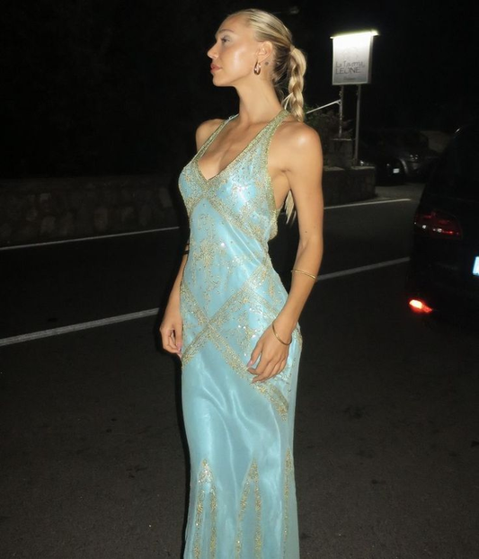 Charming Halter V Neck Blue Satin Sequin Beaded Mermaid Evening Dress Prom Gown SP708