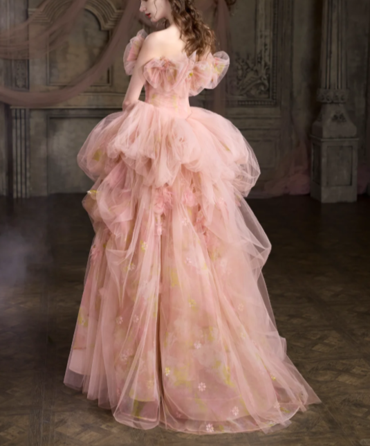 Pretty Pink Floral Tulle Long Birthday Prom Dress Strapless Party Gowns SP2096