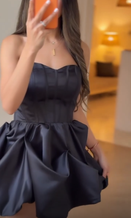 Stylish Black Strapless Satin Short Homecoming Dress Birthday Dress SP3689