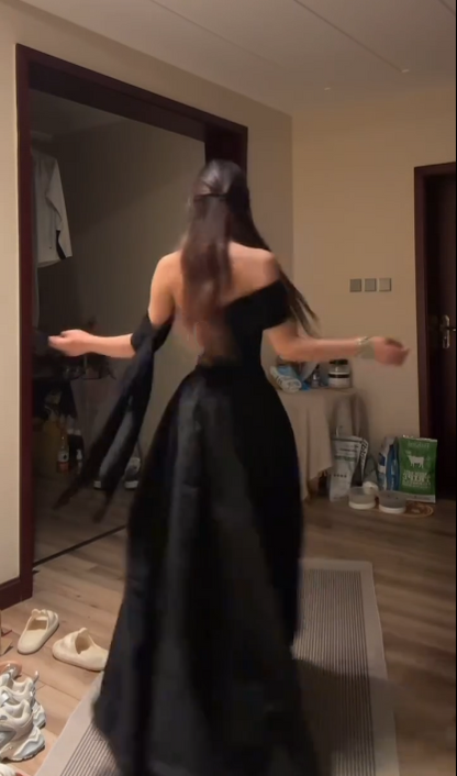Stylish Off The Shoulder A Line Satin Prom Gown Black Long Evening Dress SP242