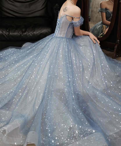 Blue tulle beads long prom dress blue tulle lace sweet 16 dress Y484