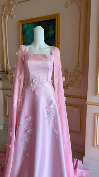 Luxury Pink Satin Long A Line Evening Dress Pretty Appliques Prom Dress  Y7591