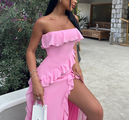 Pretty Pink Strapless Ruffle Slit Evening Dress,Long Birthday Prom Dress Y8203