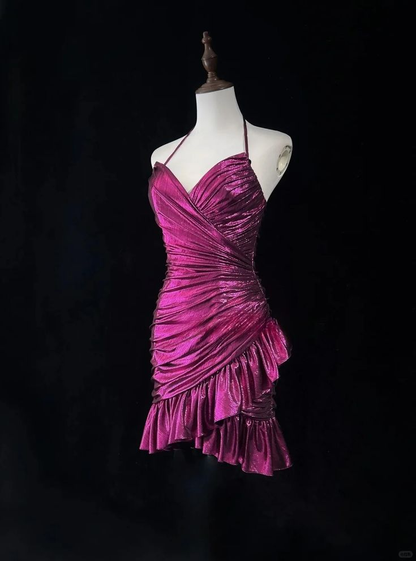 Vintage Halter Satin Pleated Mini Cocktail Dress Graduation Homecoming Dress Y9122