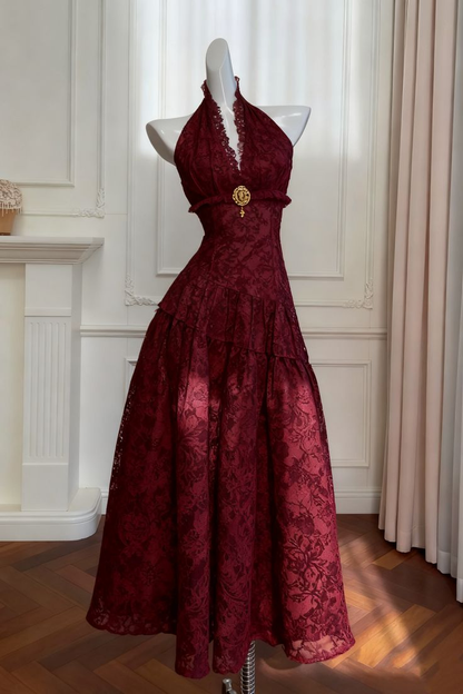 Cute Pink Halter Satin Lace Floral A Line Birthday Prom Dress Long Party Gown SP1567