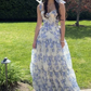 A-line Blue Floral Print Long Prom Dress,Blue Evening Dress  Y2560