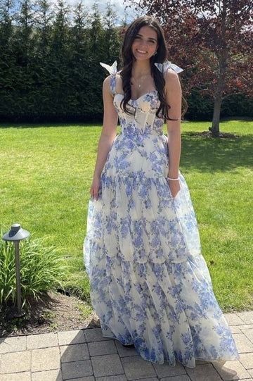 A-line Blue Floral Print Long Prom Dress,Blue Evening Dress  Y2560