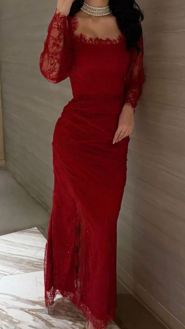 Pretty Red Lace Mermaid Evening Dress Long Birthday Prom Dress SP744