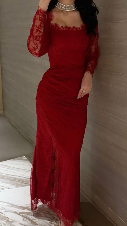 Pretty Red Lace Mermaid Evening Dress Long Birthday Prom Dress SP744