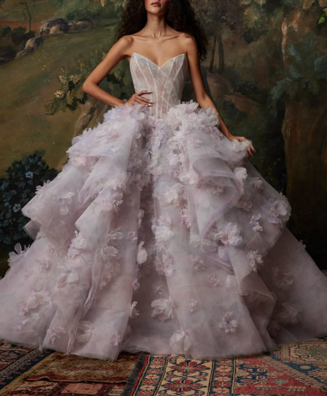 Glamorous Strapless Tulle Pleated Appliques Long Party Dress Lilac And Pink Long Evening Dress SP4031