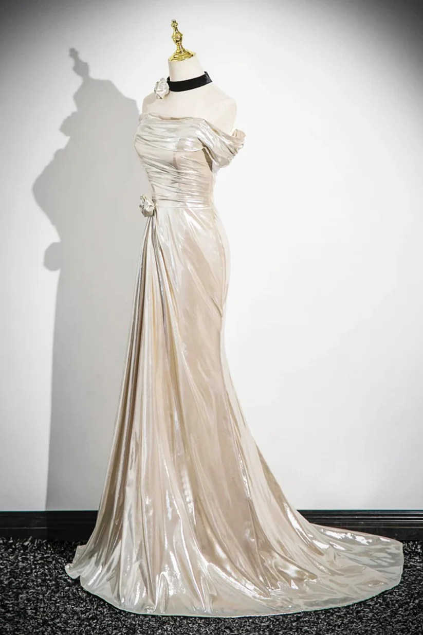 Charming Champagne Off The Shoulder Satin Prom Dress,Mermaid Evening Gown Y8202