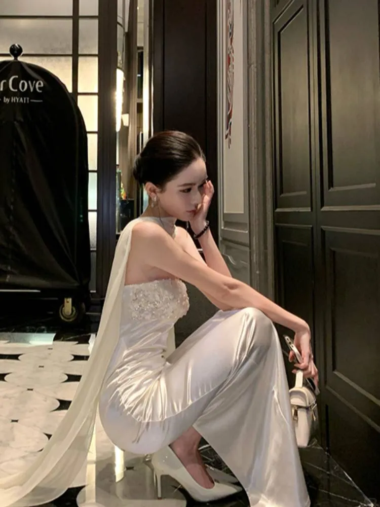 Elegant White Strapless Satin Floral Sheath Long Evening Dress Birthday Dress With Scarf SP2290