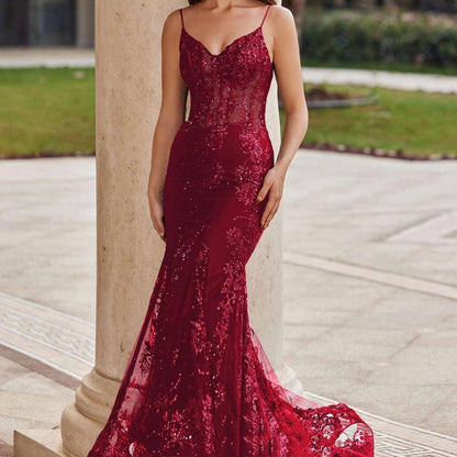 Charming Red Mermaid Lace Appliques Prom Dress,Evening Dress,Winter Dance Dress Y4345