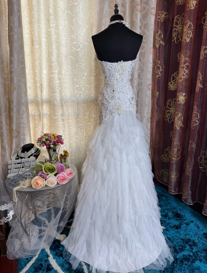Glamorous Strapless White Lace Appliques Beaded Mermaid Long Evening Dress Birthday Prom Dress SP1615