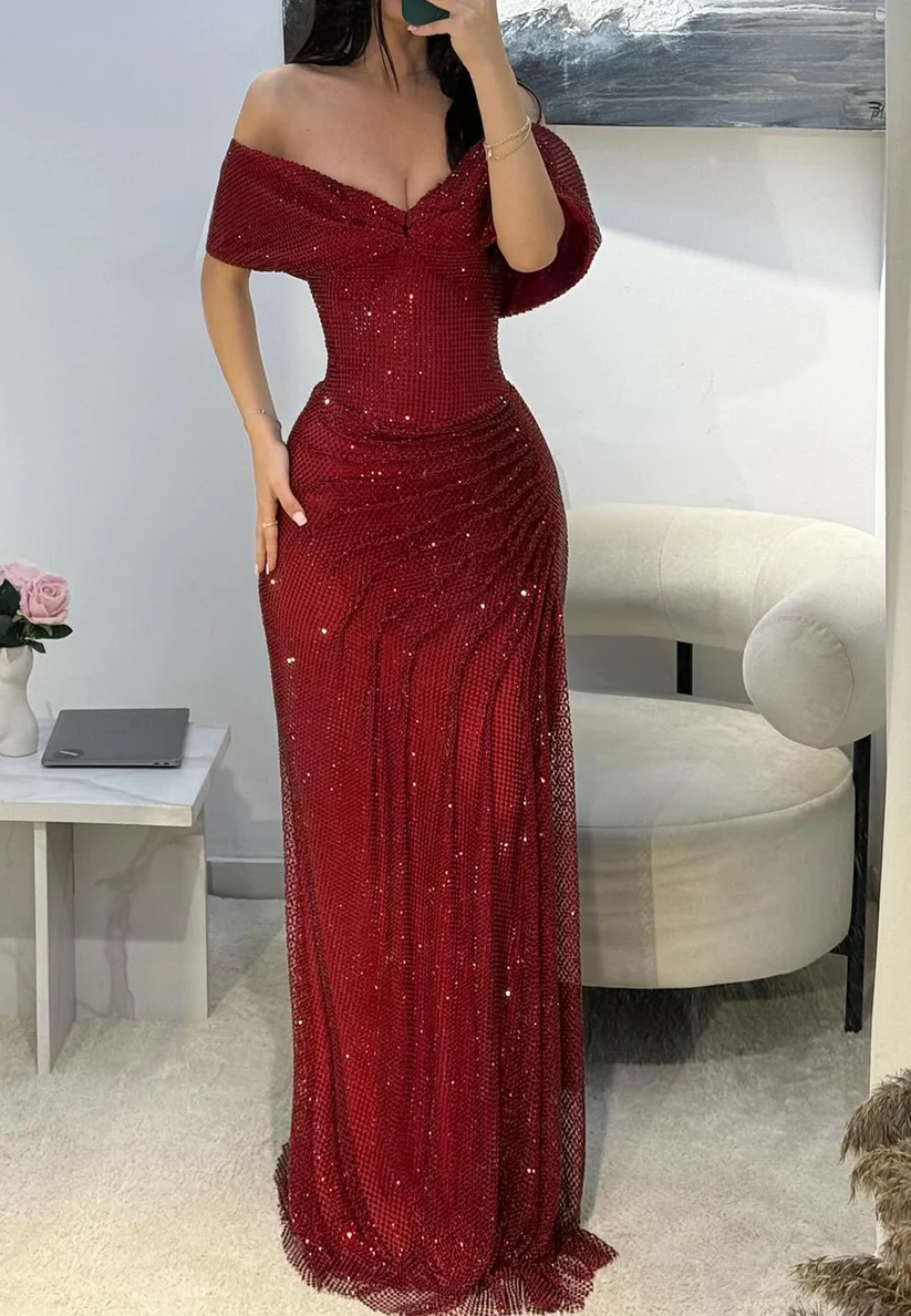 Pretty Off-Shoulder Burgundy Sequin Pleated Slit Mermaid Long Party Dress SP4208